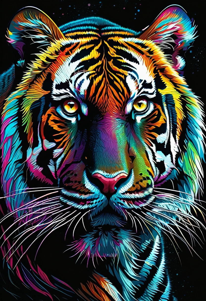 A mesmerizing dark fantasy illustration of a captivatingly detailed tiger, its intense and striking stripes popping against a dark canvas background. The tiger's hypnotic, glowing eyes draw the viewer into the painting. The vibrant colors of the tiger's fur contrast dramatically with the black background, creating a stunning visual effect that is both eerie and beautiful. The overall atmosphere of the illustration is intense and enchanting, leaving a lasting impression on the viewer., illustration, dark fantasy, vibrant