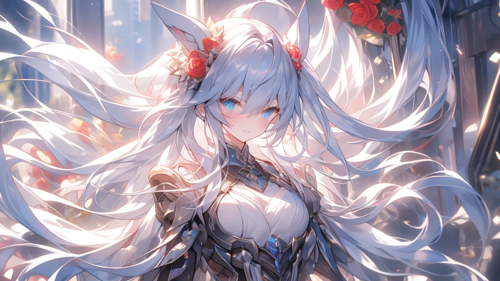 A teenage girl,Wilted roses,Gothic,White hair,Hyper-Resolution,Accuracy,detail render,(Delicate Face Portrayal)(Fine hair depiction)(Best quality at best)(tmasterpiece)(High degree of completion)(a sense of atmosphere)tmasterpiece,ultra - detailed(bust)style of anime