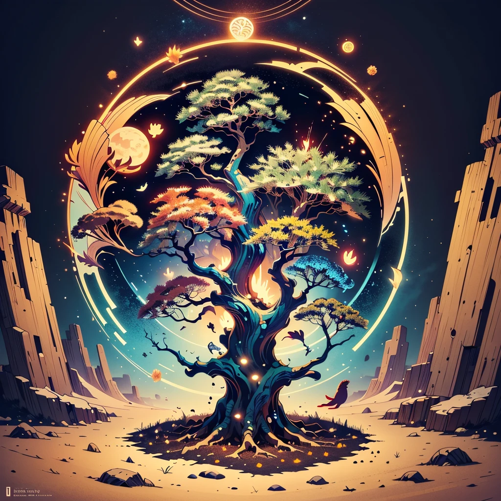 circular tree,four seasons,spring,summer,autumn,winter,leaves,roots,branches,trunk,ornate border,decorative,digital illustration,artwork,movement,time,swirling background,dark background,vibrant colors,natural,life cycle,growth,change,nature,life,peace,harmony,spirituality,symbolism,digital art,illustration,painting,graphic design,art,design,digital media,online art,visual art,fine art,fantasy