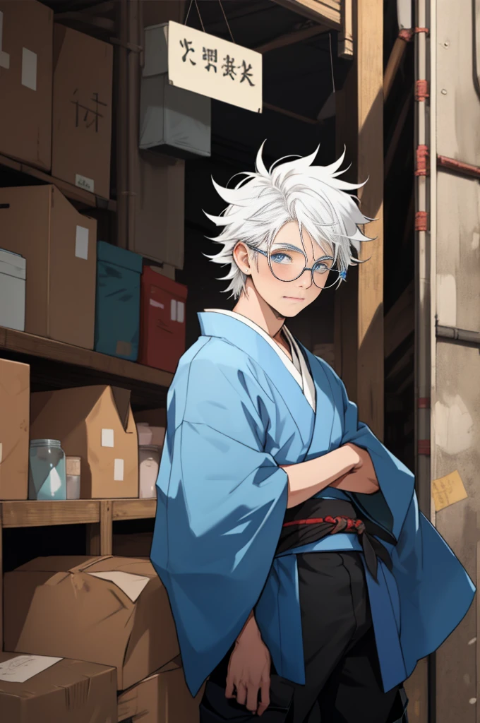 A boy, naughty man, adolescent, white hair, blue colored eyes, posing, Wearing a kimono with black cargo pants and circular glasses with black glasses, with messy hair