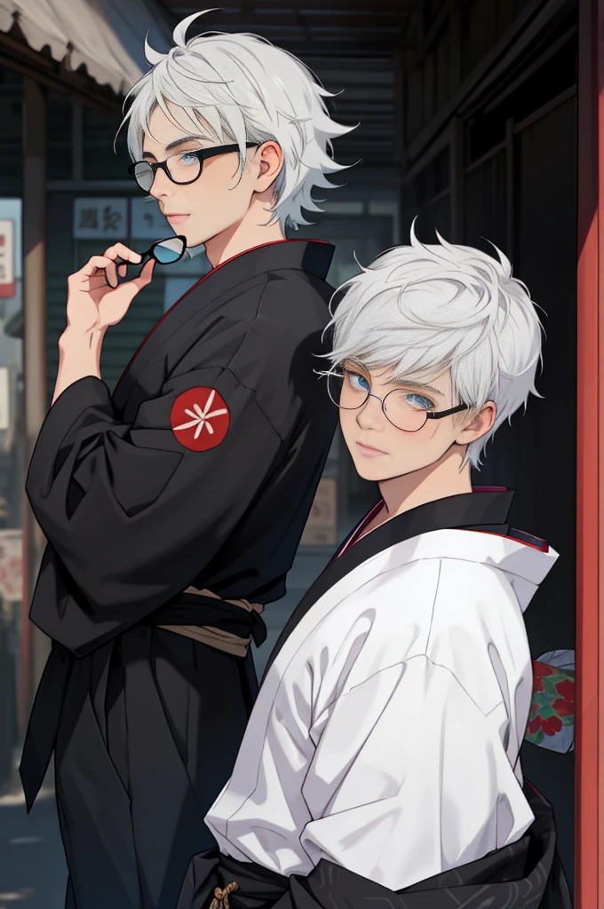 A boy, naughty man, adolescent, white hair, blue colored eyes, posing, Wearing a kimono with black cargo pants and circular glasses with black glasses, with messy hair
