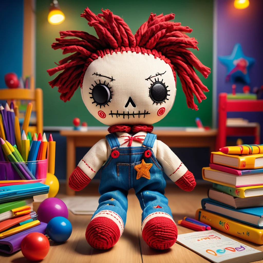(knitted toy voodoo doll:1.5), (Voodoo in Kindergarten:1.3), (Clothing: colorful overalls:1.0), (Accessories: tiny backpack, stuffed animal:1.1), (background: bright classroom with floating toys, glowing crayons, and playful children:1.2), best quality, masterpiece, detailed soft oil painting, detailed background, dramatic cinematic lighting, soft edge lighting, professional, dramatic lighting, hard edge lighting, ultra quality, 4k, masterpiece, best quality, 8k, ultra high definition, high resolution, extremely detailed