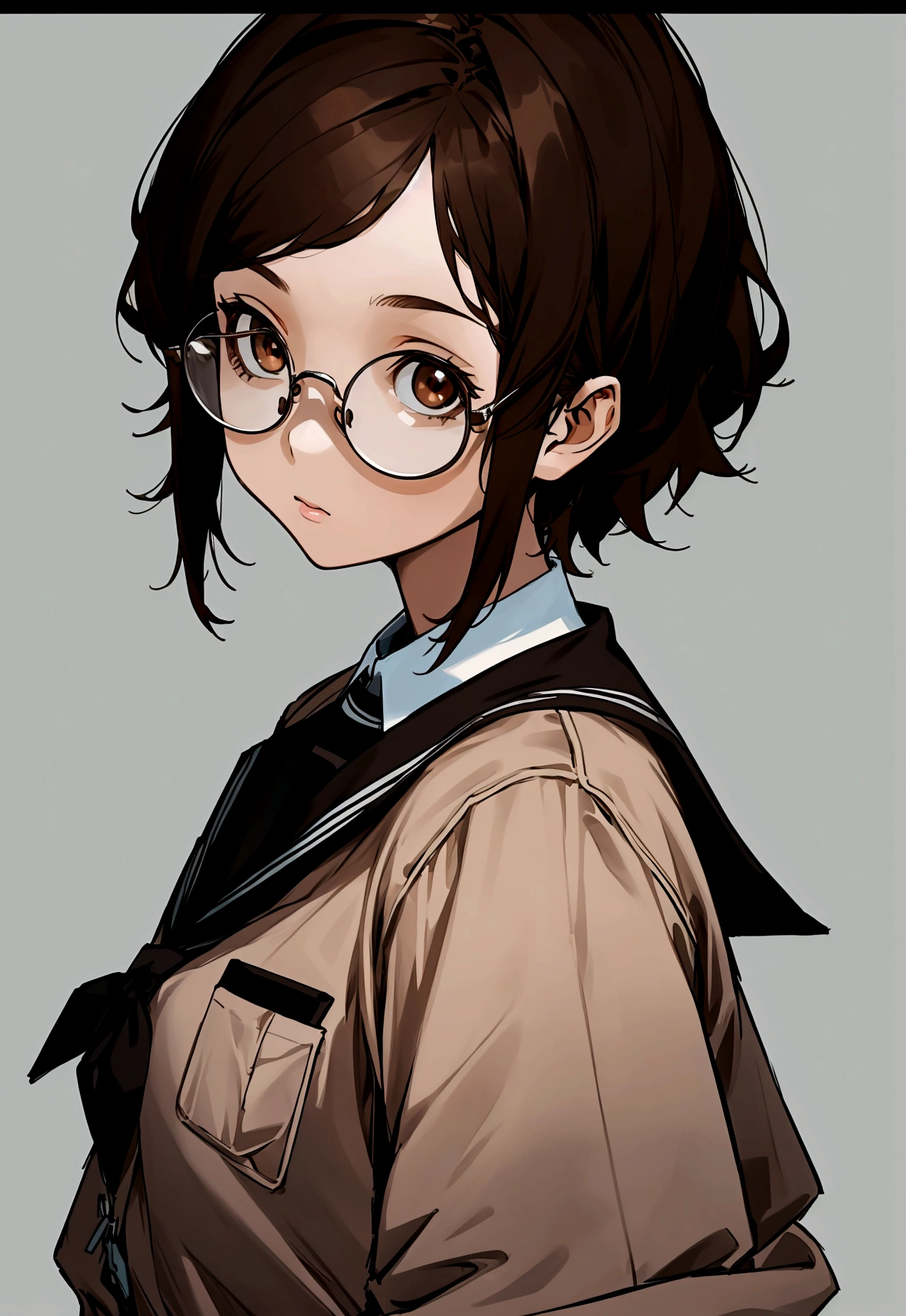 Girl with short brown hair, and brown eyes, wearing a school outfit, with black round glasses