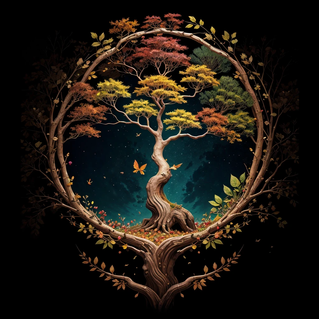 circular tree,four seasons,spring,summer,autumn,winter,leaves,roots,branches,trunk,ornate border,decorative,digital illustration,artwork,movement,time,swirling background,dark background,vibrant colors,natural,life cycle,growth,change,nature,life,peace,harmony,spirituality,symbolism,digital art,illustration,painting,graphic design,art,design,digital media,online art,visual art,fine art,fantasy