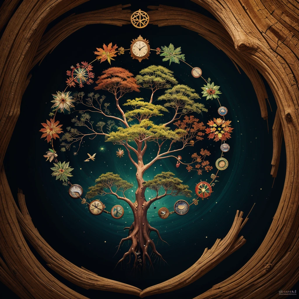 circular tree,four seasons,spring,summer,autumn,winter,leaves,roots,branches,trunk,ornate border,decorative,digital illustration,artwork,movement,time,swirling background,dark background,vibrant colors,natural,life cycle,growth,change,nature,life,peace,harmony,spirituality,symbolism,digital art,illustration,painting,graphic design,art,design,digital media,online art,visual art,fine art,fantasy