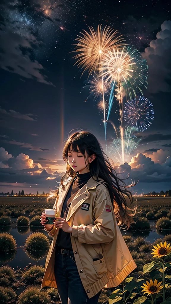 Landscape of sunflower field、firework、firework大会、Rainbow colorsのfireworkが打ちあがっている瞬間、夜nullとともに、、ひまわり景色で壮大なfirework、future都市、Highest quality、masterpiece, (Diffuse reflection of light:1.2), When the fantastic rainbow turns into shadow, bathed in a mystical atmosphere, Cast magic spells. evoke a sense of wonder and awe. A fusion of natural grandeur and magic, Weaving dreams into reality. Behold, null, And the unknown, Fleeting、And an eternal moment, 16K, Ultra-high resolution.Realistic, Ultra-high resolution, to be born,future、Rainbow colorsに光り輝く、Rainbow colors、The world 30 years from now。