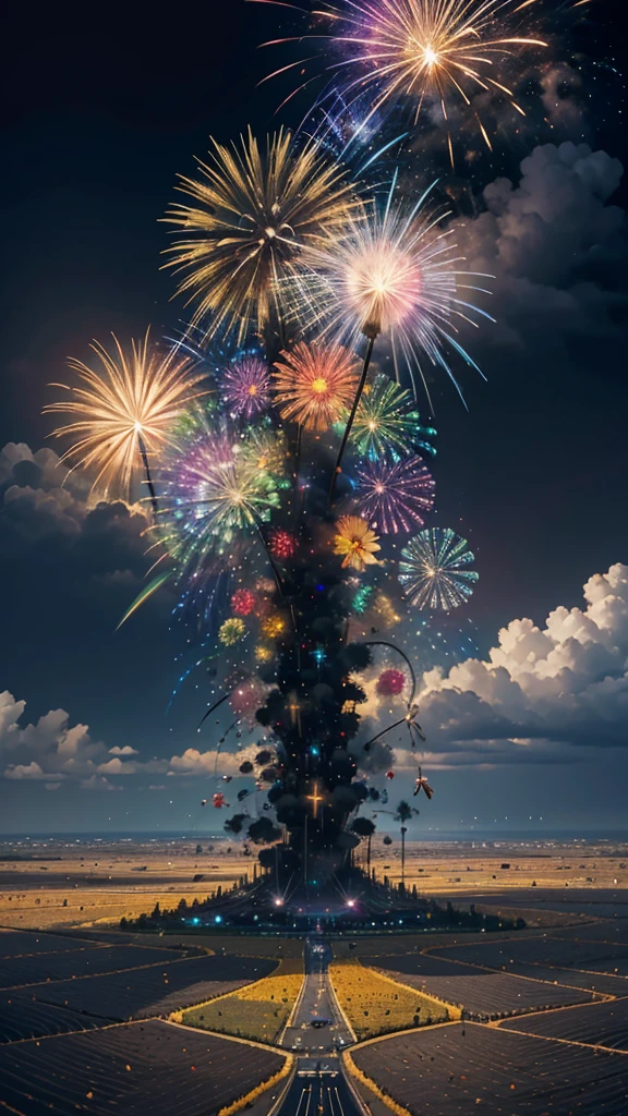 Landscape of sunflower field、firework、firework大会、Rainbow colorsのfireworkが打ちあがっている瞬間、夜nullとともに、、ひまわり景色で壮大なfirework、future都市、Highest quality、masterpiece, (Diffuse reflection of light:1.2), When the fantastic rainbow turns into shadow, bathed in a mystical atmosphere, Cast magic spells. evoke a sense of wonder and awe. A fusion of natural grandeur and magic, Weaving dreams into reality. Behold, null, And the unknown, Fleeting、And an eternal moment, 16K, Ultra-high resolution.Realistic, Ultra-high resolution, to be born,future、Rainbow colorsに光り輝く、Rainbow colors、The world 30 years from now。