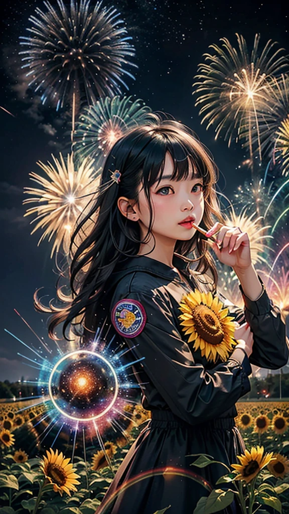 Landscape of sunflower field、firework、firework大会、Rainbow colorsのfireworkが打ちあがっている瞬間、夜nullとともに、、ひまわり景色で壮大なfirework、future都市、Highest quality、masterpiece, (Diffuse reflection of light:1.2), When the fantastic rainbow turns into shadow, bathed in a mystical atmosphere, Cast magic spells. evoke a sense of wonder and awe. A fusion of natural grandeur and magic, Weaving dreams into reality. Behold, null, And the unknown, Fleeting、And an eternal moment, 16K, Ultra-high resolution.Realistic, Ultra-high resolution, to be born,future、Rainbow colorsに光り輝く、Rainbow colors、The world 30 years from now。