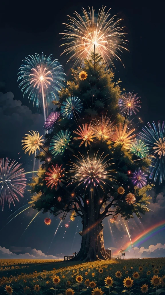 Landscape of sunflower field、firework、firework大会、Rainbow colorsのfireworkが打ちあがっている瞬間、夜nullとともに、、ひまわり景色で壮大なfirework、future都市、Highest quality、masterpiece, (Diffuse reflection of light:1.2), When the fantastic rainbow turns into shadow, bathed in a mystical atmosphere, Cast magic spells. evoke a sense of wonder and awe. A fusion of natural grandeur and magic, Weaving dreams into reality. Behold, null, And the unknown, Fleeting、And an eternal moment, 16K, Ultra-high resolution.Realistic, Ultra-high resolution, to be born,future、Rainbow colorsに光り輝く、Rainbow colors、The world 30 years from now。