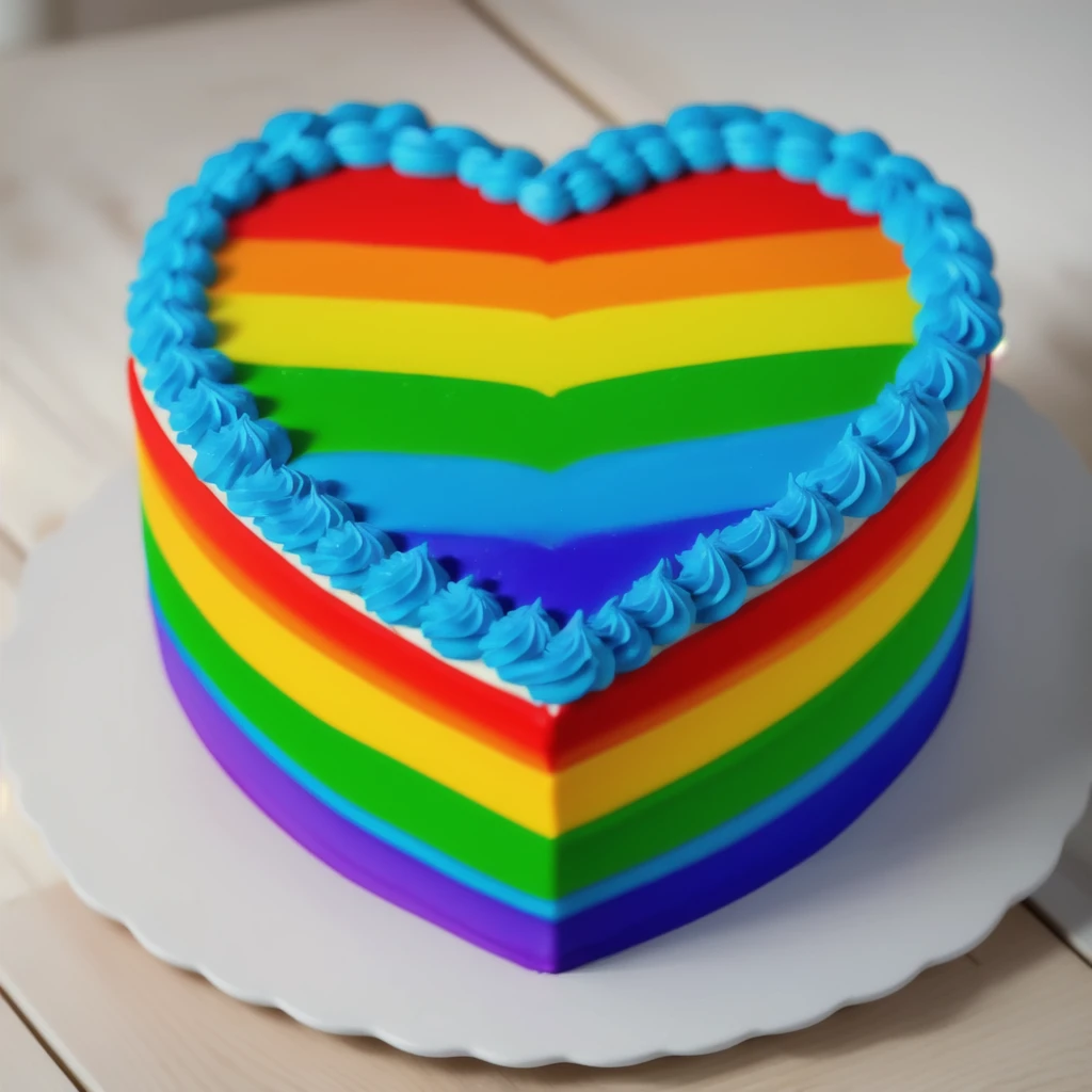 on a wooden table, worth a heart shaped cake, rainbow gradient cream cake, Cream cake , cream texture, Realistic style, realistic texture, bright lighting, high quality, detailed texture, Beautiful light from the window, beautiful lighting, high detail, ultra 4k hd