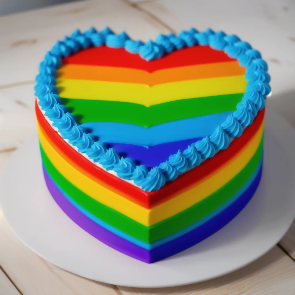 on a wooden table, worth a heart shaped cake, rainbow gradient cream cake, Cream cake , cream texture, Realistic style, realistic texture, bright lighting, high quality, detailed texture, Beautiful light from the window, beautiful lighting, high detail, ultra 4k hd