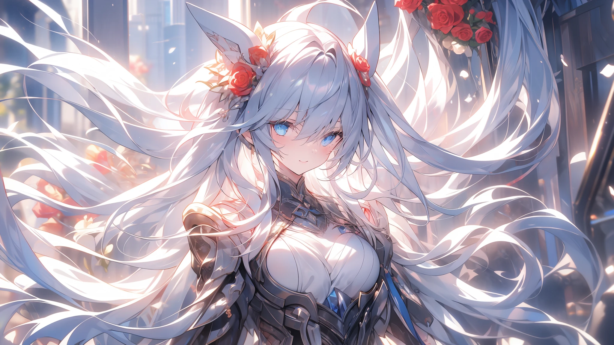 A girl,Wilted roses,Gothic,White hair,Hyper-Resolution,Accuracy,detail render,(Delicate Face Portrayal)(Fine hair depiction)(Best quality at best)(tmasterpiece)(High degree of completion)(a sense of atmosphere)tmasterpiece,ultra - detailed(bust)style of anime