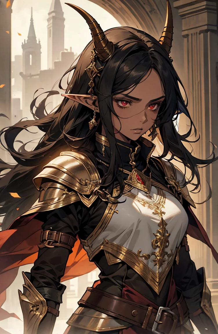 brown skin, older woman, sexy, tall, brown skin, bored, one wing, black hair, elf, elf ears, horns, red eyes, sleeveless, armor, yellow, dramatic composition