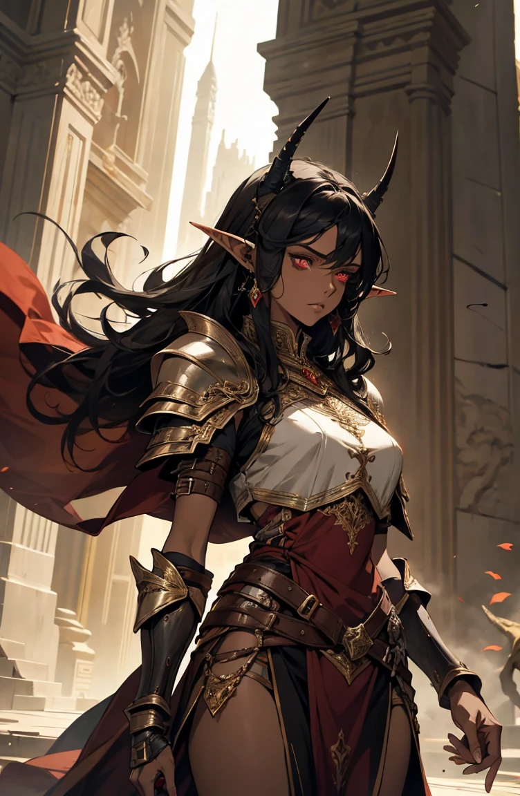 brown skin, older woman, sexy, tall, brown skin, bored, one wing, black hair, elf, elf ears, horns, red eyes, sleeveless, armor, yellow, dramatic composition