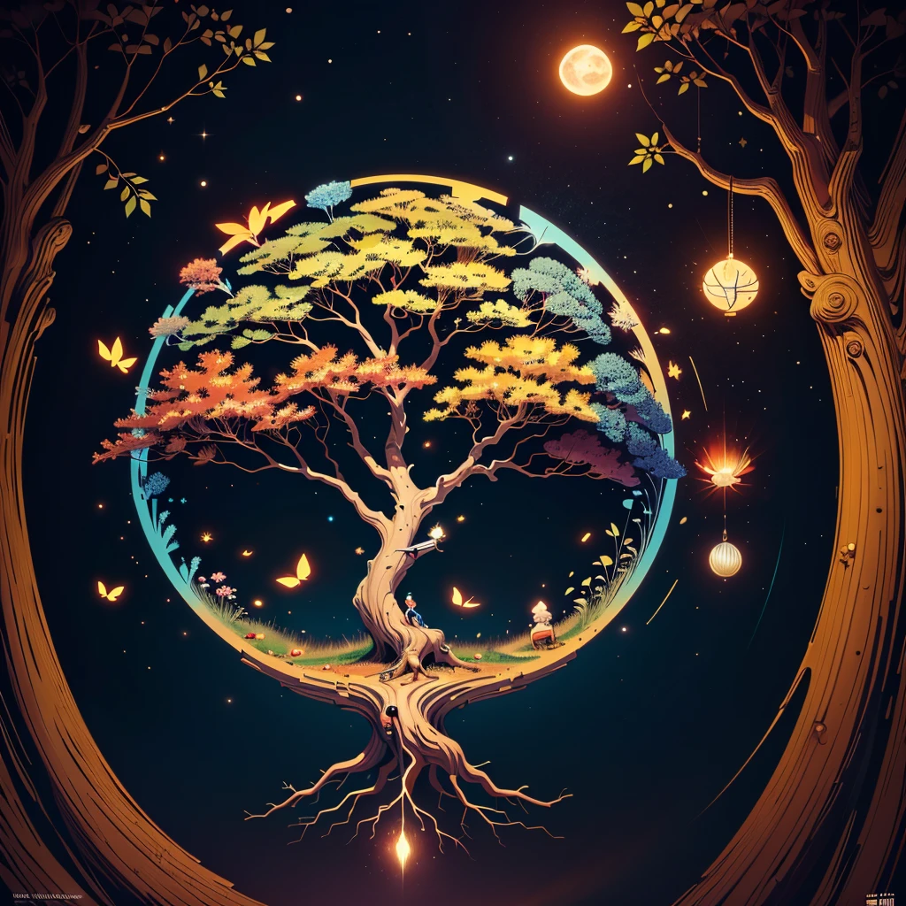 circular tree,four seasons,spring,summer,autumn,winter,leaves,roots,branches,trunk,ornate border,decorative,digital illustration,artwork,movement,time,swirling background,dark background,vibrant colors,natural,life cycle,growth,change,nature,life,peace,harmony,spirituality,symbolism,digital art,illustration,painting,graphic design,art,design,digital media,online art,visual art,fine art,fantasy