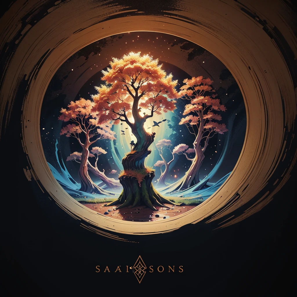 circular tree,four seasons,spring,summer,autumn,winter,leaves,roots,branches,trunk,ornate border,decorative,digital illustration,artwork,movement,time,swirling background,dark background,vibrant colors,natural,life cycle,growth,change,nature,life,peace,harmony,spirituality,symbolism,digital art,illustration,painting,graphic design,art,design,digital media,online art,visual art,fine art,fantasy
