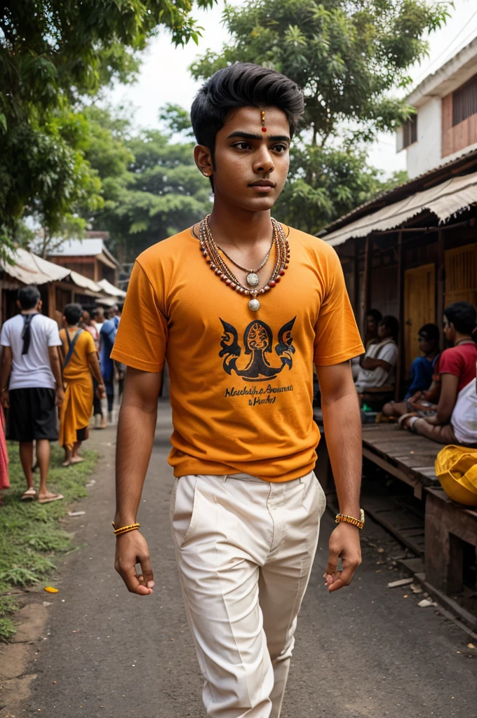 real indian 16 year boy in an orange t-shirt and pants with the text "Anupam" written on it in bold letters, walks down a street carrying two black pots hanging in a colourful wooden pole across shoulders and catch in hand He is wearing a beaded necklace and a tika on his forehead. He is surrounded by other people dressed in orange, creating a vibrant and colorful scene. He looks so cute handsome, smilesstylish hair and 8k ultra quality images reflecting a sense of devotion an