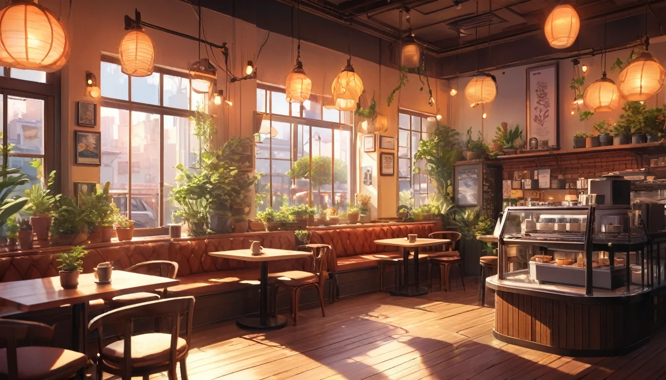 work space ,Anime-style, horizontal, the interior of a coffee shop is illustrated with intricate details and vibrant colors. Delicate steam rises from the hot coffee cup on the table, seats are with soft cushions, a lot of potted plants, adding to the cozy and inviting atmosphere. Soft lighting casts a warm and beautiful glow over the dreamy scene, it's evening time, making it an ideal place to unwind and escape reality. (Prompt B and C) Anime-style coffee shop interior, hot coffee steaming on the table, creating a cozy, beautiful and dreamy ambiance. (High resolution, 8k) Very detailed anime illustration of a coffee shop interior, showcasing a hot cup of coffee on a table, evoking a warm and cozy