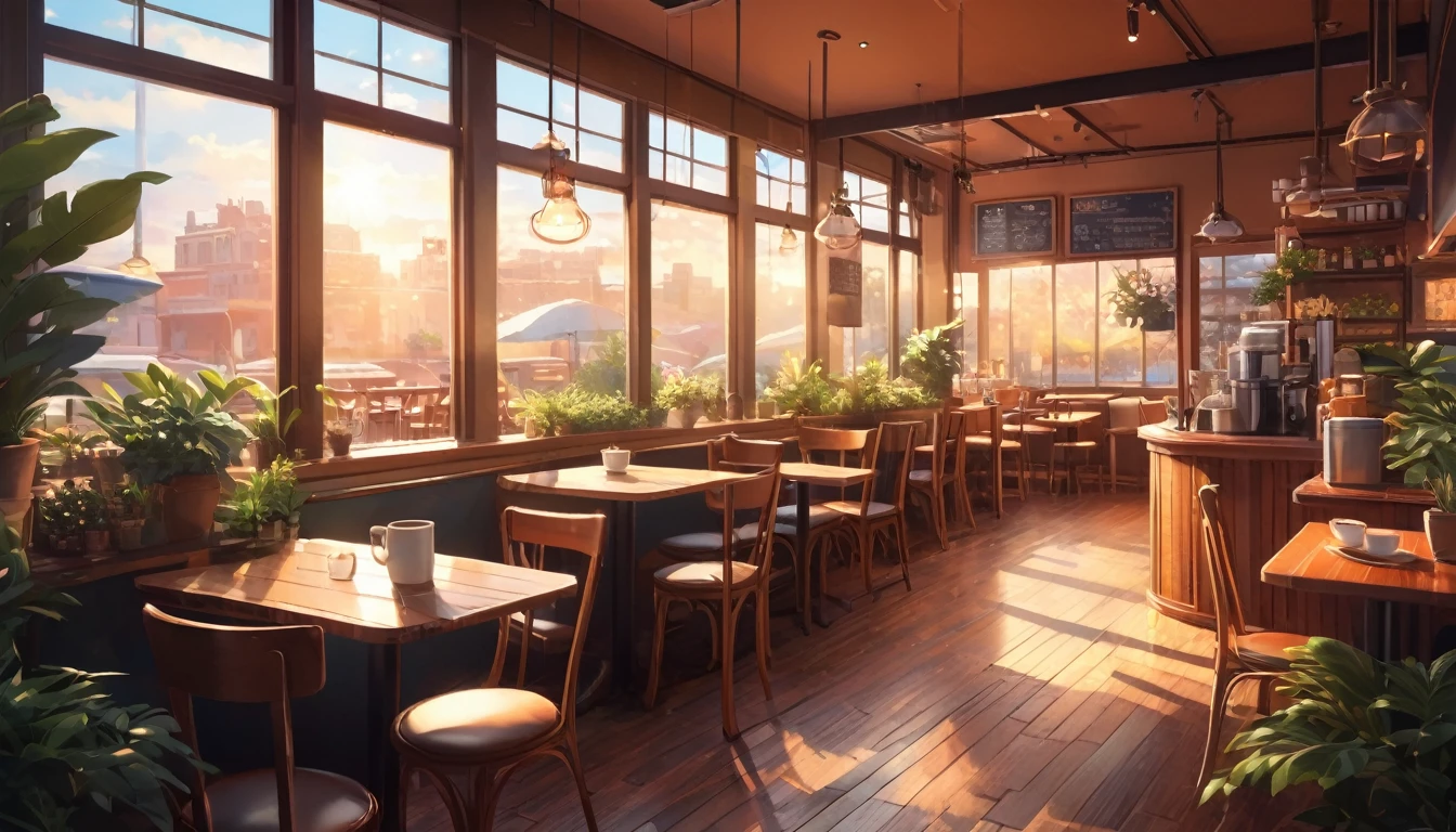 work space ,Anime-style, horizontal, the interior of a coffee shop is illustrated with intricate details and vibrant colors. Delicate steam rises from the hot coffee cup on the table, seats are with soft cushions, a lot of potted plants, adding to the cozy and inviting atmosphere. Soft lighting casts a warm and beautiful glow over the dreamy scene, it's evening time, making it an ideal place to unwind and escape reality. (Prompt B and C) Anime-style coffee shop interior, hot coffee steaming on the table, creating a cozy, beautiful and dreamy ambiance. (High resolution, 8k) Very detailed anime illustration of a coffee shop interior, showcasing a hot cup of coffee on a table, evoking a warm and cozy