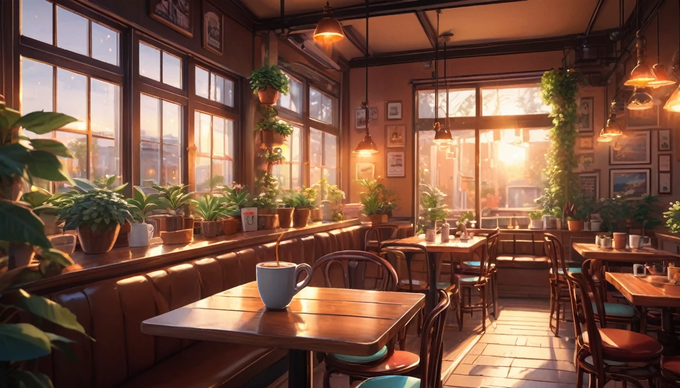 work space ,Anime-style, horizontal, the interior of a coffee shop is illustrated with intricate details and vibrant colors. Delicate steam rises from the hot coffee cup on the table, seats are with soft cushions, a lot of potted plants, adding to the cozy and inviting atmosphere. Soft lighting casts a warm and beautiful glow over the dreamy scene, it's evening time, making it an ideal place to unwind and escape reality. (Prompt B and C) Anime-style coffee shop interior, hot coffee steaming on the table, creating a cozy, beautiful and dreamy ambiance. (High resolution, 8k) Very detailed anime illustration of a coffee shop interior, showcasing a hot cup of coffee on a table, evoking a warm and cozy