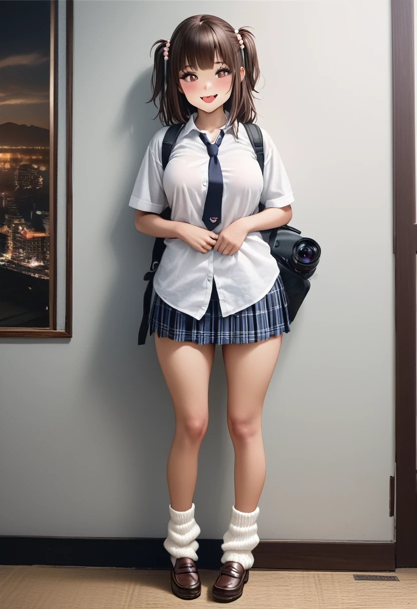 (1girl, sharp focus solo), (full body portrait image:1.4), (Masterpiece, Super photo realistic, Super details, Super Highest Quality, Super Highest photo realistic), super cute and beautiful girl, (erotic atmosphere:1.3), You are a professional photographer Photographing my girlfriend, Very Japanese gal, Wearing navy plaid pleat mini skirt, False eyelashes, Pearl pink glossy lips, Unbuttoned white shirt, (kawaii erotic girl:1.3), (brown eyes:1.4), big round chest, (Wider at the hem flabby large in size Super Loose long Socks:1.4), (loafer), (An innocent 16-year-old cute Japanese girl:1.4), (skin fang:1.4), Very happy smile, Extremely Realistic, open mouth, half close eyes, slim waist, (tanned skins:1.4), slim beautiful legs), a girls incoming, black pupils, dark brown color hair style, high school gal, (torogao:1.4), dark brown hair color, two side up hair style, hair pin, (cute Asian gal:1.4), (wide stans legs standding:1.4), white bangs, shirt out over on skirt, super slim beautiful thigh legs, black long loose necktie,