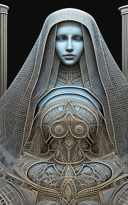  an intricate lymphatic system made of white and black is shaping the figure of the priestess of the silver star, the priestess is sitting before a veil between two pillars,female, uniting intelligence,dominant cold pale blue, silver, blue and silver rayed sky blue tonality, fractal, brilliant colours, masterpiece, highly detailed, 4k resolution,  3d modelling, digital art