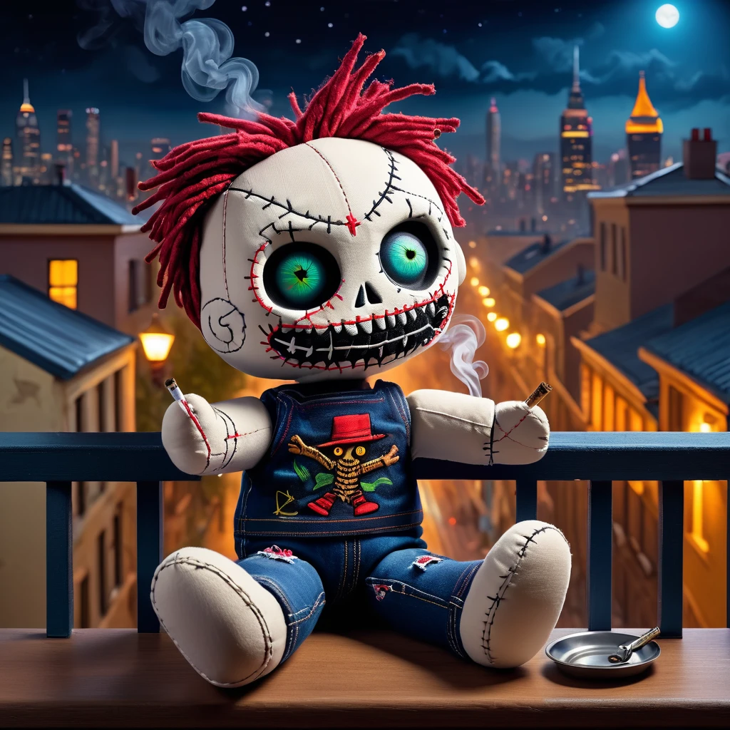 (knitted toy voodoo doll:1.5), (Voodoo Smoking on Balcony:1.3), (Clothing: casual t-shirt and jeans:1.0), (Accessories: cigarette, ashtray:1.1), (background: cityscape with floating smoke, glowing streetlights, and night sky:1.2), best quality, masterpiece, detailed soft oil painting, detailed background, dramatic cinematic lighting, soft edge lighting, professional, dramatic lighting, hard edge lighting, ultra quality, 4k, masterpiece, best quality, 8k, ultra high definition, high resolution, extremely detailed