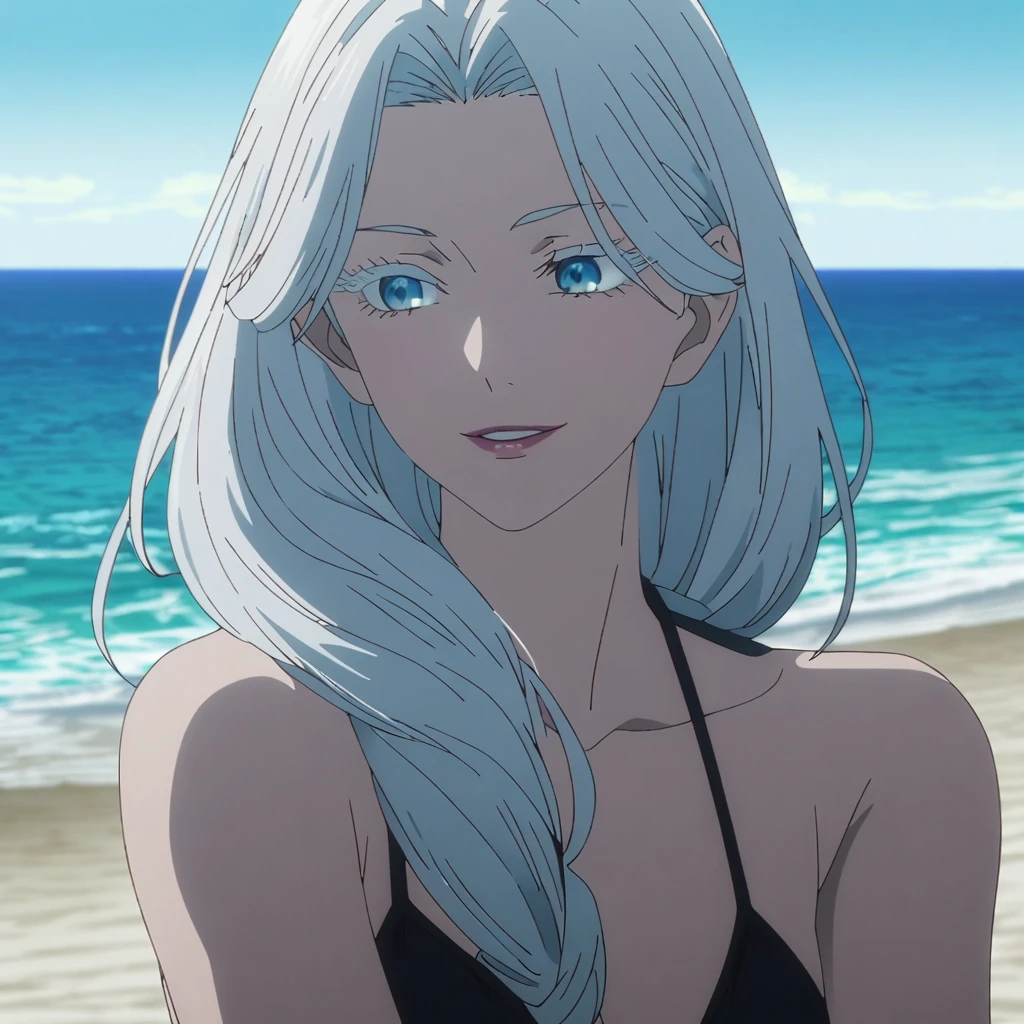 1girl, female gojo satoru, anime screencap from jujutsu kaisen, gojo satoru female version, solo, long_hair, Red eyes (silver_hair)), night view, (hanging breasts) upper_body, smile, indoors, book, red_eyes, lips, (low ponytail) ((wearing bikini, beach view)) breast, "very detailed and high resolution" (Red eyes) (cross arms)  ((long hair, hair over one eyes)) ((solo)) (front view) (earings) ((high resolution)) ((good quality)) ((side bangs))