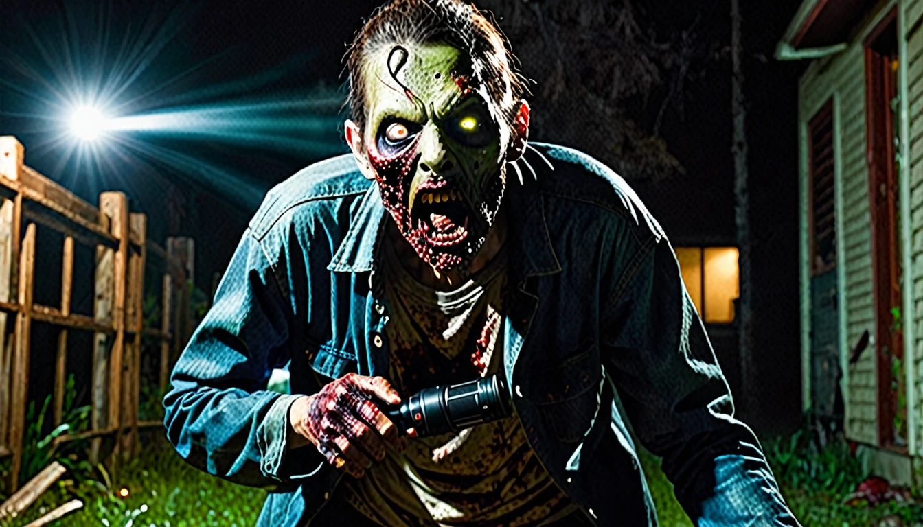 create a realistic scene where a zombie with sinister eyes and exposed wounds on its body is trying to attack a person, the person attacked is holding a flashlight and wearing a backpack, the zombie is trying to bite the victim&#39;s neck but the victim is resisting.