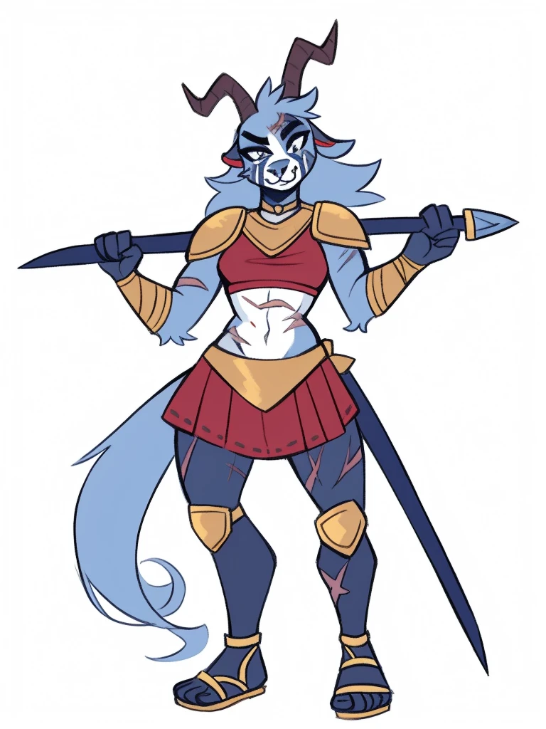 1girl, furry, furry_female, goat_ears, goat_girl, smile, solo, wearing armor, gladiator flat sandals, gladiator skirt, humanoid feet, holding sword, nose ring, septum piercing ring, facepaint, face paint, scars over body