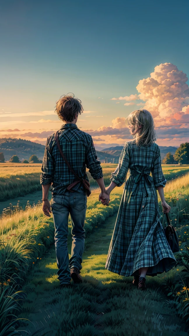 Distant view, an image of a couple walking through a dark green grass field, The boy is wearing a plaid shirt and jeans, the girl is wearing a long white dress, Both are holding hands and moving  away from the camera's perspective, towards the horizon, sunet, many white cloud, romantic, Create a peaceful and open space, blue is the main color, anime, 8k, details