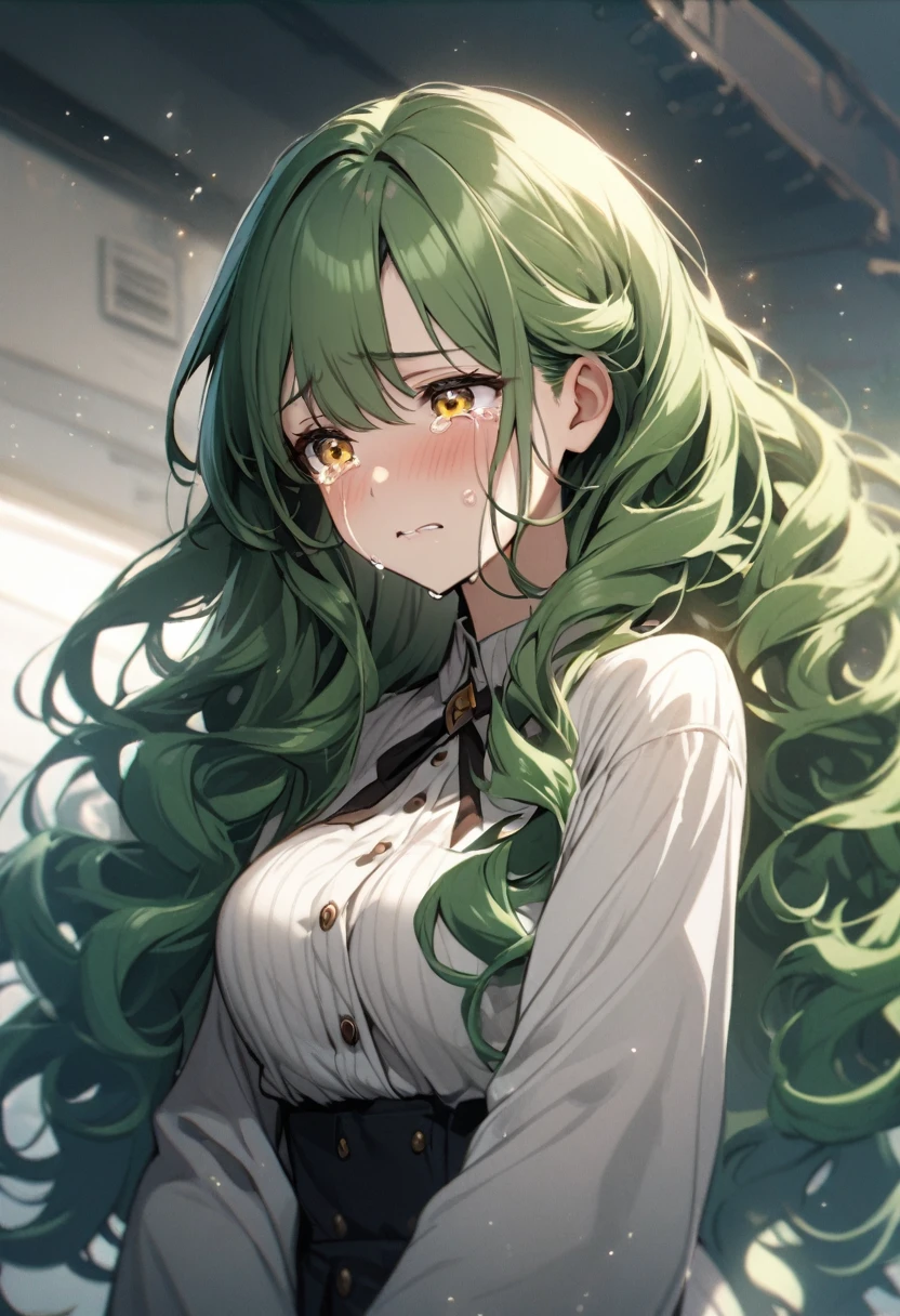 girl, beautiful, curly hair, long hair, yellow eyes, green hair, ???????, crying, tears