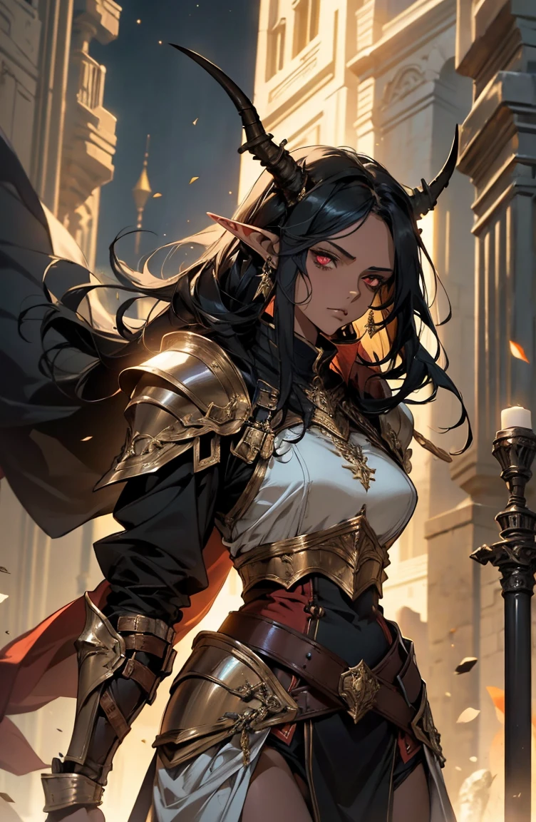 brown skin, older woman, sexy, tall, brown skin, bored, one wing, black hair, elf, elf ears, horns, red eyes, sleeveless, armor, yellow, night, dramatic composition