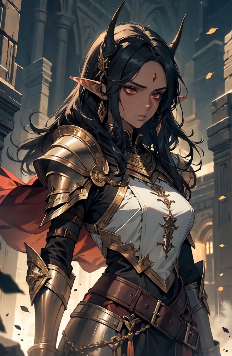 brown skin, older woman, sexy, tall, brown skin, bored, one wing, black hair, elf, elf ears, horns, red eyes, sleeveless, armor, yellow, night, dramatic composition