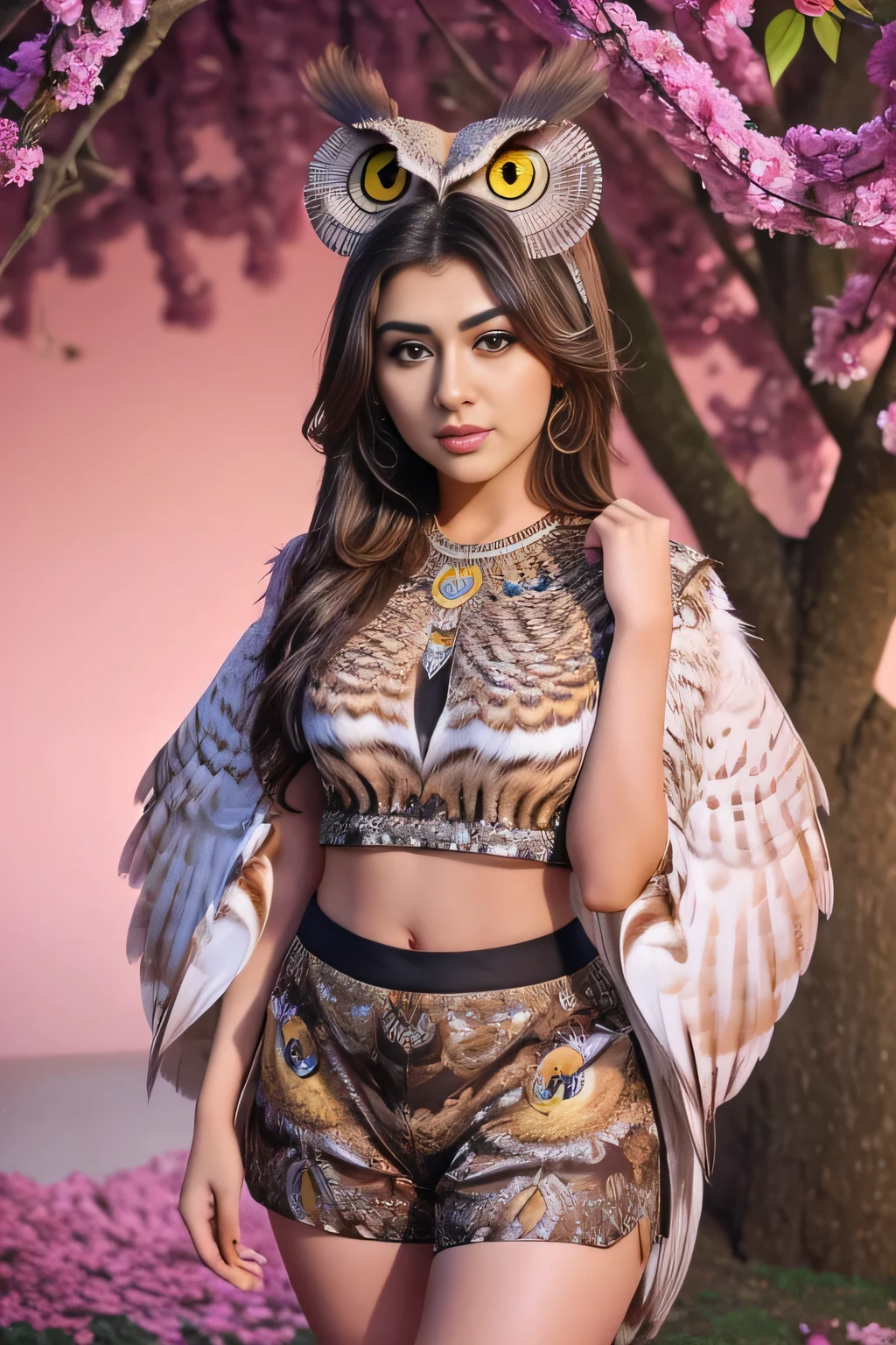 Hansika Motwani is a owl bird, She is a bird but her head looks like girl, from neck to full body looks like owl bird. Owl legs, Owl wings. Bird body, Owl body,   perfect picture, perfect bird, real bird, Real head replace with real Owl head. Exact Bird. Colorful Owl.