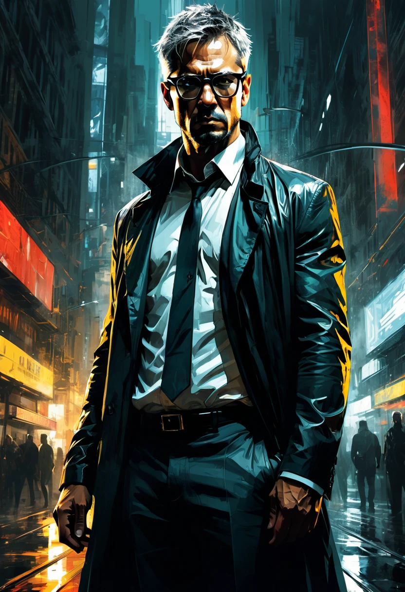 Wearing Glasses, full body, by Jarek Kubicki, comic style, dramatic composition, cinematic dynamic action scene, vibrant colors, cinematic lighting, dramatic lighting, best quality, masterpiece, very aesthetic, perfect composition, intricate details, ultra-detailed