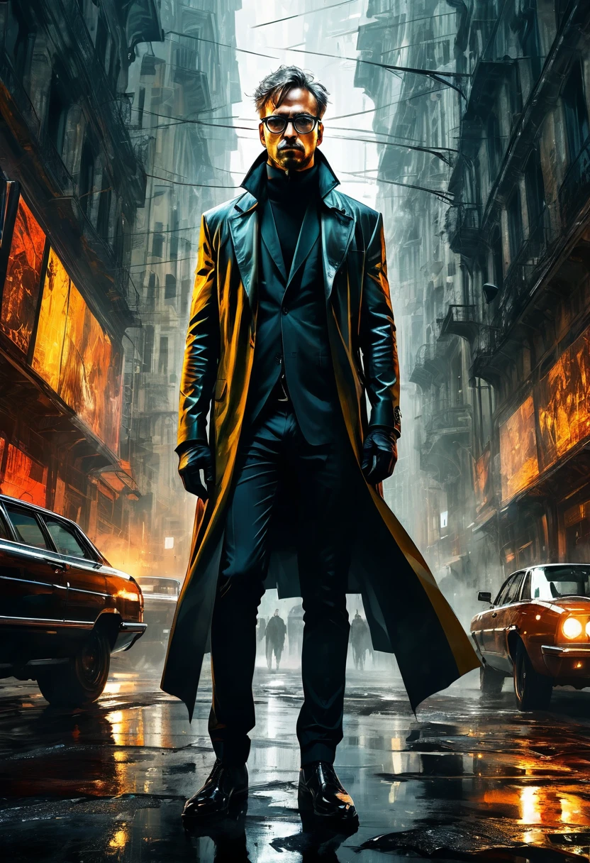 Wearing Glasses, full body, by Jarek Kubicki, comic style, dramatic composition, cinematic dynamic action scene, vibrant colors, cinematic lighting, dramatic lighting, best quality, masterpiece, very aesthetic, perfect composition, intricate details, ultra-detailed