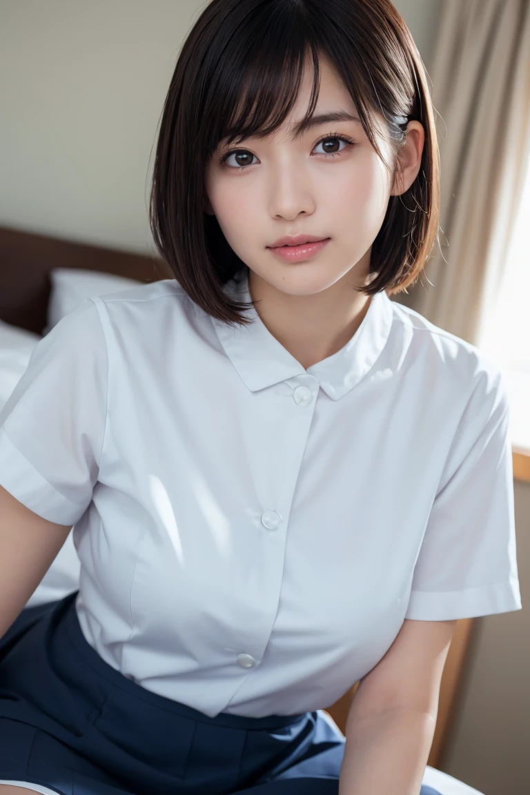 (Highest quality,masterpiece:1.3,Ultra-high resolution),(Super detailed,Caustics,8K), (Photorealistic:1.4, RAW shooting),A high school girl sitting on a bed in a bedroom,Japanese,cute,18-year-old,Natural brown short bob,School uniform,High Position,High angle,Face Focus,Face close up,Bust up shot,Natural light