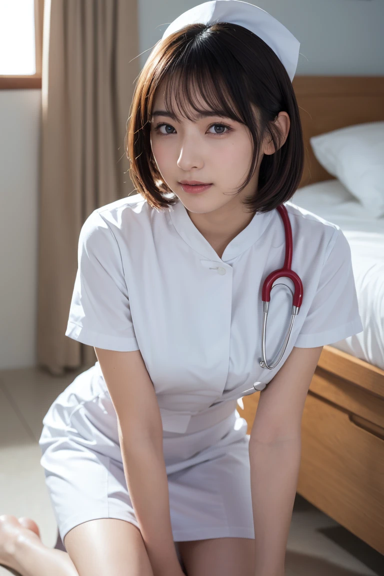 1 Girl,(Wearing white nurse clothes:1.2),(RAW Photos, Highest quality), (Realistic, photo-Realistic:1.4), masterpiece, Very delicate and beautiful, Very detailed, 2k wallpaper, wonderful, finely, Very detailed CG unity 8k wallpaper, Very detailedな, High resolution, Soft Light, Beautiful detailed girl, Very detailed eyes and face, Beautiful and detailed nose, finely beautiful eyes, nurse, Perfect Anatomy, Black Hair, Upstyle, nurse uniform,  Long skirt, nurse, White costume, thin, hospital, clear, White Uniform, hospital room, Neck auscultation,Bobcut、Flip up the skirt、20th Generation、、seduce with sexual expressions、Lying on the bed