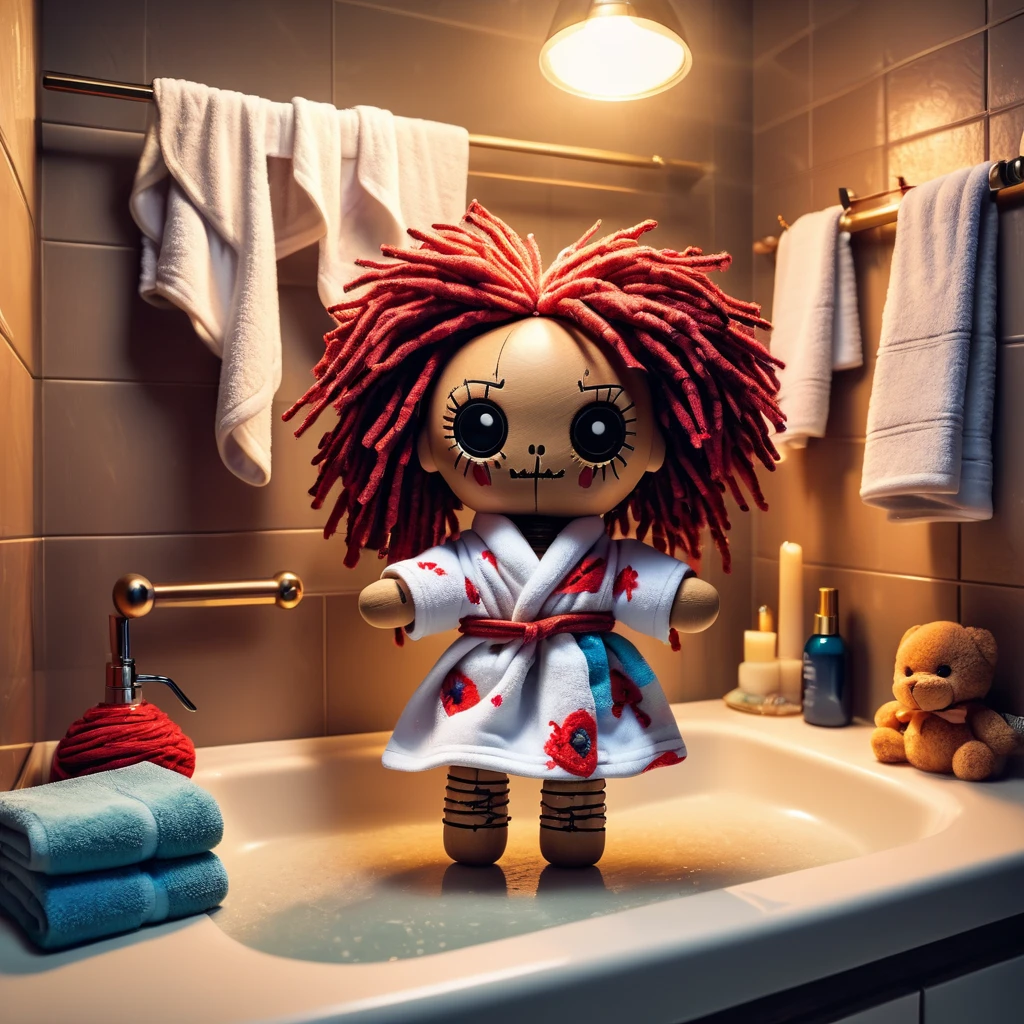(knitted toy voodoo doll:1.5), (Voodoo Drying Hair:1.3), (Clothing: bathrobe:1.0), (Accessories: hairdryer, brush:1.1), (background: cozy bathroom with floating towels, glowing mirror, and steamy shower:1.2), best quality, masterpiece, detailed soft oil painting, detailed background, dramatic cinematic lighting, soft edge lighting, professional, dramatic lighting, hard edge lighting, ultra quality, 4k, masterpiece, best quality, 8k, ultra high definition, high resolution, extremely detailed