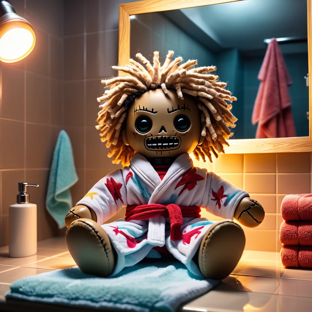 (knitted toy voodoo doll:1.5), (Voodoo Drying Hair:1.3), (Clothing: bathrobe:1.0), (Accessories: hairdryer, brush:1.1), (background: cozy bathroom with floating towels, glowing mirror, and steamy shower:1.2), best quality, masterpiece, detailed soft oil painting, detailed background, dramatic cinematic lighting, soft edge lighting, professional, dramatic lighting, hard edge lighting, ultra quality, 4k, masterpiece, best quality, 8k, ultra high definition, high resolution, extremely detailed