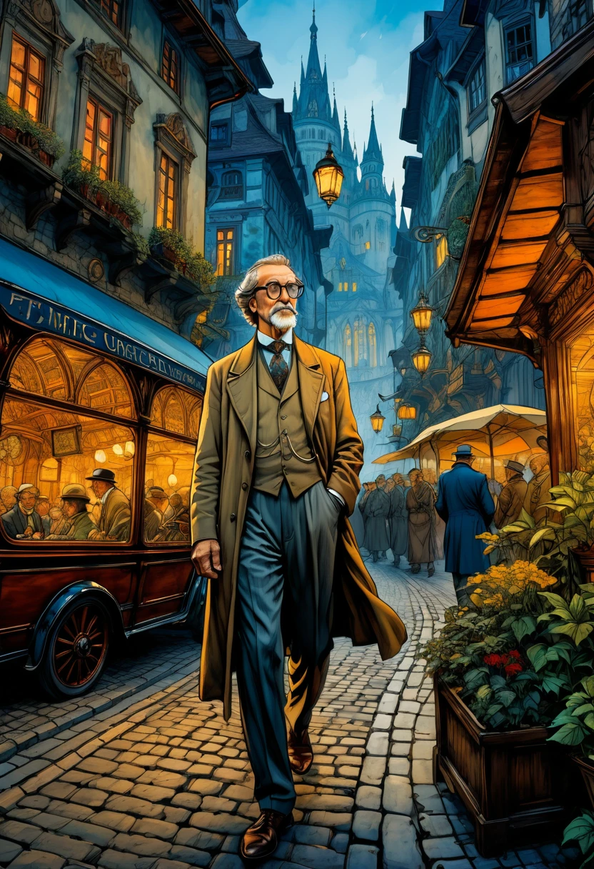 Wearing Glasses, full body, by Anton Pieck, comic style, dramatic composition, cinematic dynamic action scene, vibrant colors, cinematic lighting, dramatic lighting, best quality, masterpiece, very aesthetic, perfect composition, intricate details, ultra-detailed