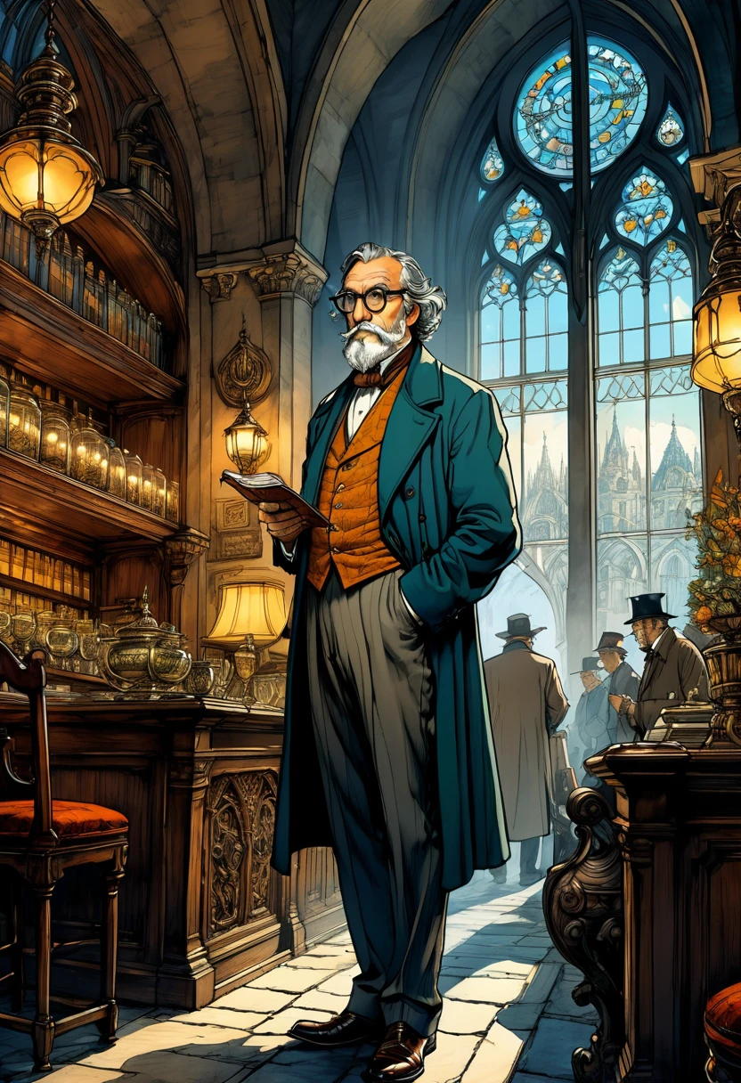 Wearing Glasses, full body, by Anton Pieck, comic style, dramatic composition, cinematic dynamic action scene, vibrant colors, cinematic lighting, dramatic lighting, best quality, masterpiece, very aesthetic, perfect composition, intricate details, ultra-detailed