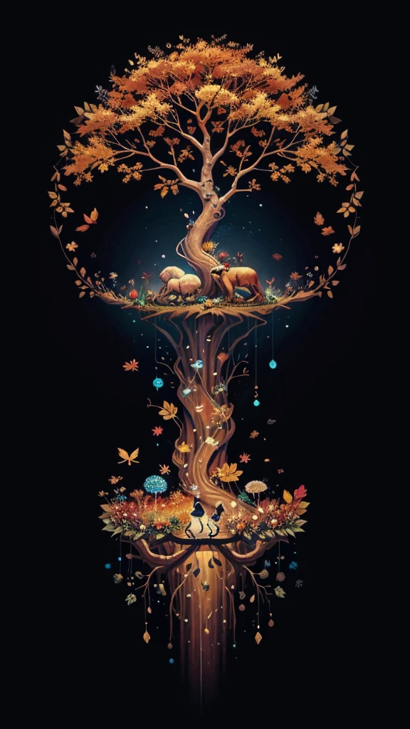 circular tree,four seasons,spring,summer,autumn,winter,leaves,roots,branches,trunk,ornate border,decorative,digital illustration,artwork,movement,time,swirling background,dark background,vibrant colors,natural,life cycle,growth,change,nature,life,peace,harmony,spirituality,symbolism,digital art,illustration,painting,graphic design,art,design,digital media,online art,visual art,fine art,fantasy