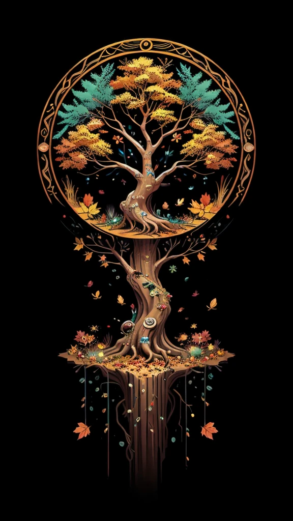 circular tree,four seasons,spring,summer,autumn,winter,leaves,roots,branches,trunk,ornate border,decorative,digital illustration,artwork,movement,time,swirling background,dark background,vibrant colors,natural,life cycle,growth,change,nature,life,peace,harmony,spirituality,symbolism,digital art,illustration,painting,graphic design,art,design,digital media,online art,visual art,fine art,fantasy