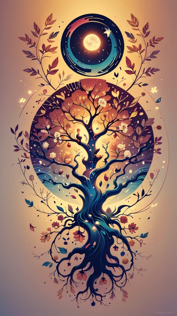 circular tree,four seasons,spring,summer,autumn,winter,leaves,roots,branches,trunk,ornate border,decorative,digital illustration,artwork,movement,time,swirling background,dark background,vibrant colors,natural,life cycle,growth,change,nature,life,peace,harmony,spirituality,symbolism,digital art,illustration,painting,graphic design,art,design,digital media,online art,visual art,fine art,fantasy
