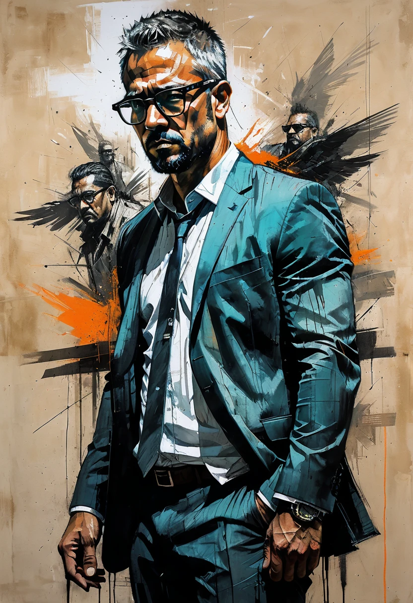 Wearing Glasses, full body, by Guy Denning, dramatic composition, cinematic dynamic action scene, vibrant colors, cinematic lighting, dramatic lighting, best quality, masterpiece, very aesthetic, perfect composition, intricate details, ultra-detailed