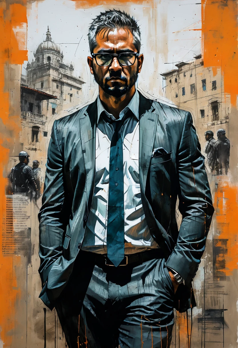 Wearing Glasses, full body, by Guy Denning, dramatic composition, cinematic dynamic action scene, vibrant colors, cinematic lighting, dramatic lighting, best quality, masterpiece, very aesthetic, perfect composition, intricate details, ultra-detailed