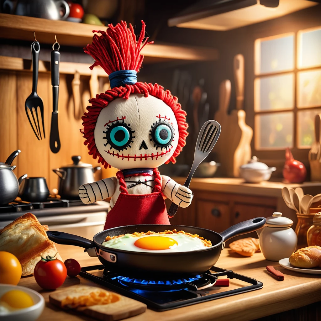 (knitted toy voodoo doll:1.5), (Voodoo Making Breakfast:1.3), (Clothing: apron:1.0), (Accessories: frying pan, spatula:1.1), (background: sunny kitchen with floating utensils, glowing stove, and delicious smells:1.2), best quality, masterpiece, detailed soft oil painting, detailed background, dramatic cinematic lighting, soft edge lighting, professional, dramatic lighting, hard edge lighting, ultra quality, 4k, masterpiece, best quality, 8k, ultra high definition, high resolution, extremely detailed