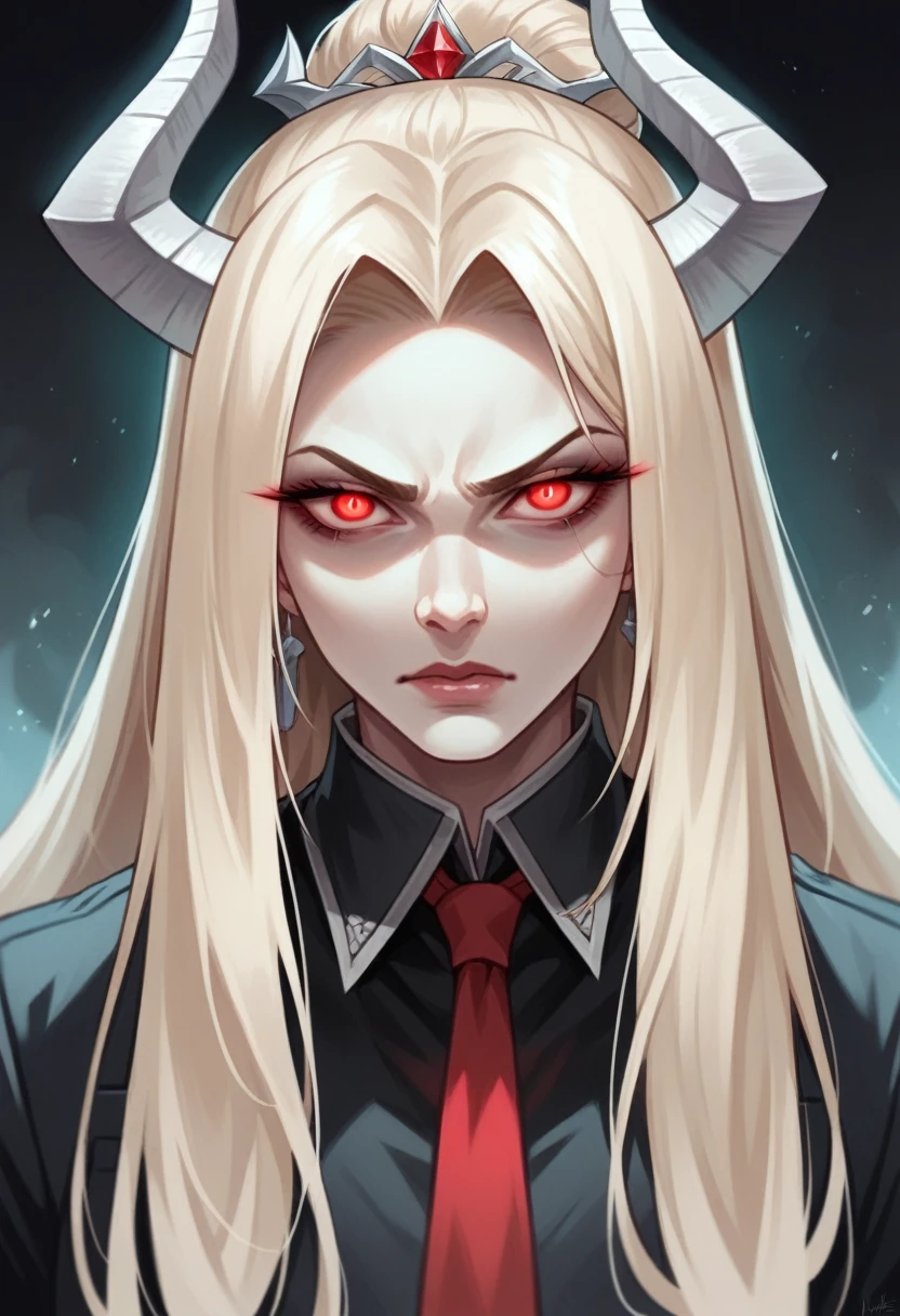 a dark and brooding portrait of Lucifer Morningstar, the Devil and ruler of the infernal realms, with glowing red eyes, sharp facial features, and an intense, commanding presence, wearing a black suit with a red tie, set against a dark, dramatic background with hints of hellfire and brimstone, in a photorealistic style with realistic lighting and textures
